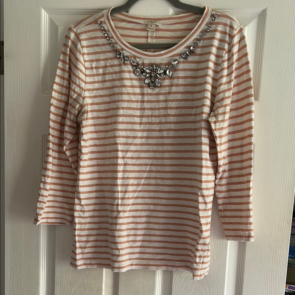 J. Crew Pink and White Striped Top with Crystal Embellishment